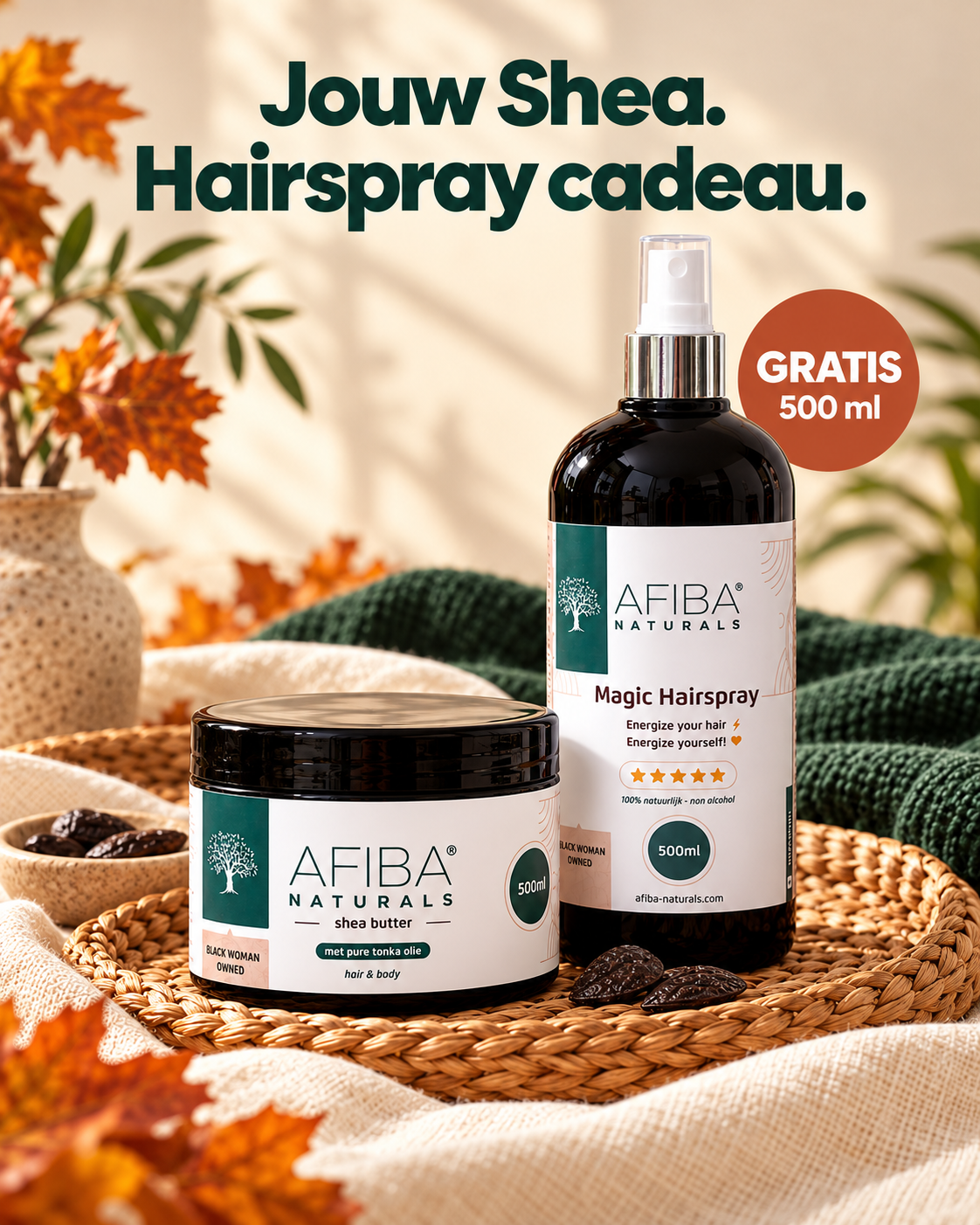 Afiba Naturals Shea Butter Tonka 500 ml met gratis Magic Hairspray 500 ml in een warme herfstsetting