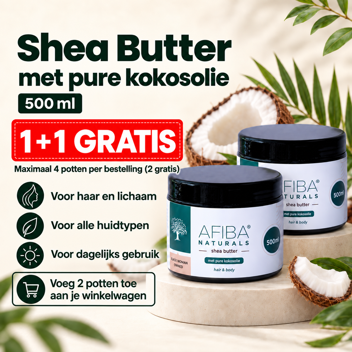 Afiba Naturals Shea Butter met pure kokosolie 500 ml 1+1, voor alle huidtypen en dagelijks gebruik